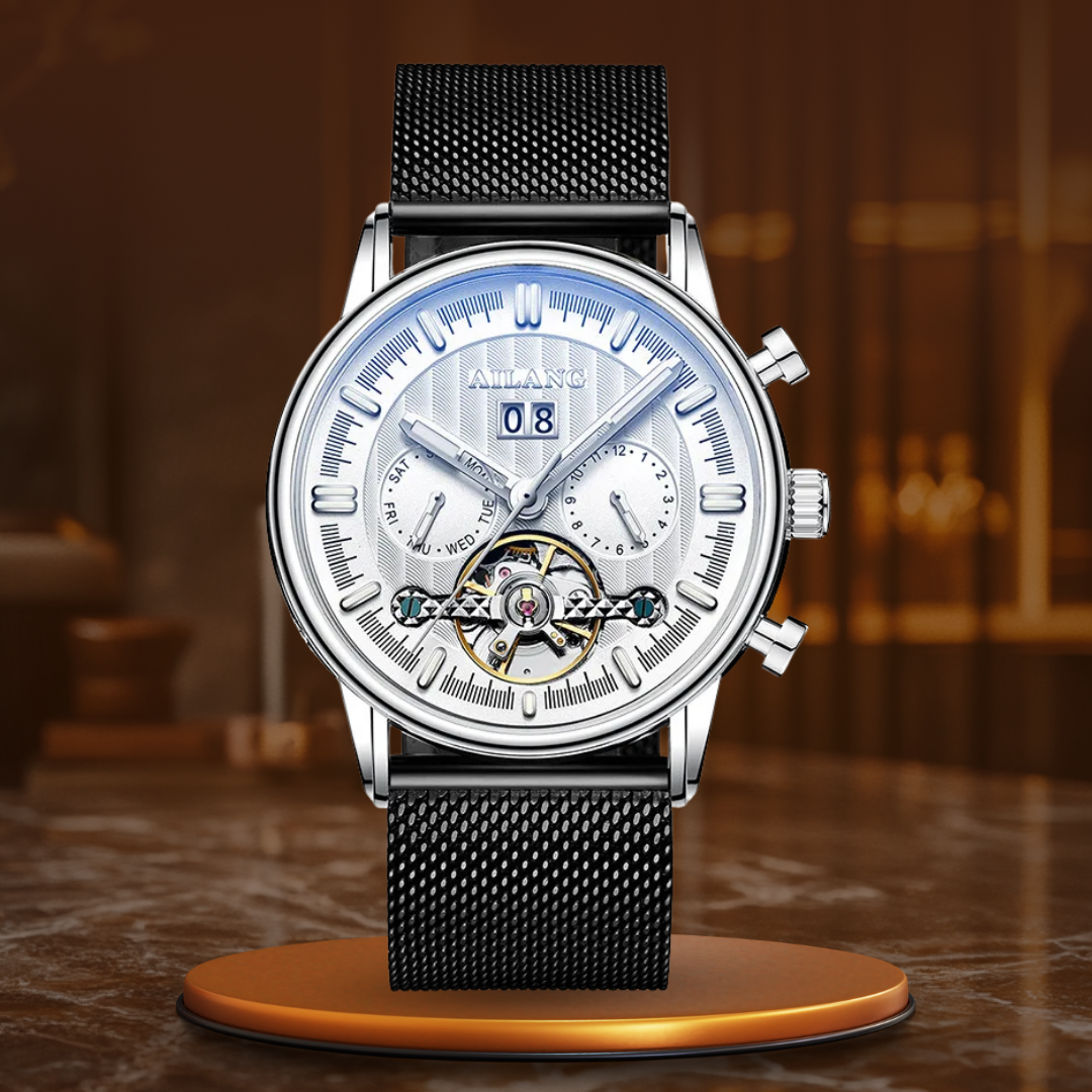 Luxury Automatic Tourbillon Watch with Brown Leather Strap – Water Resistant Timepiece with Weekly Calendar Display