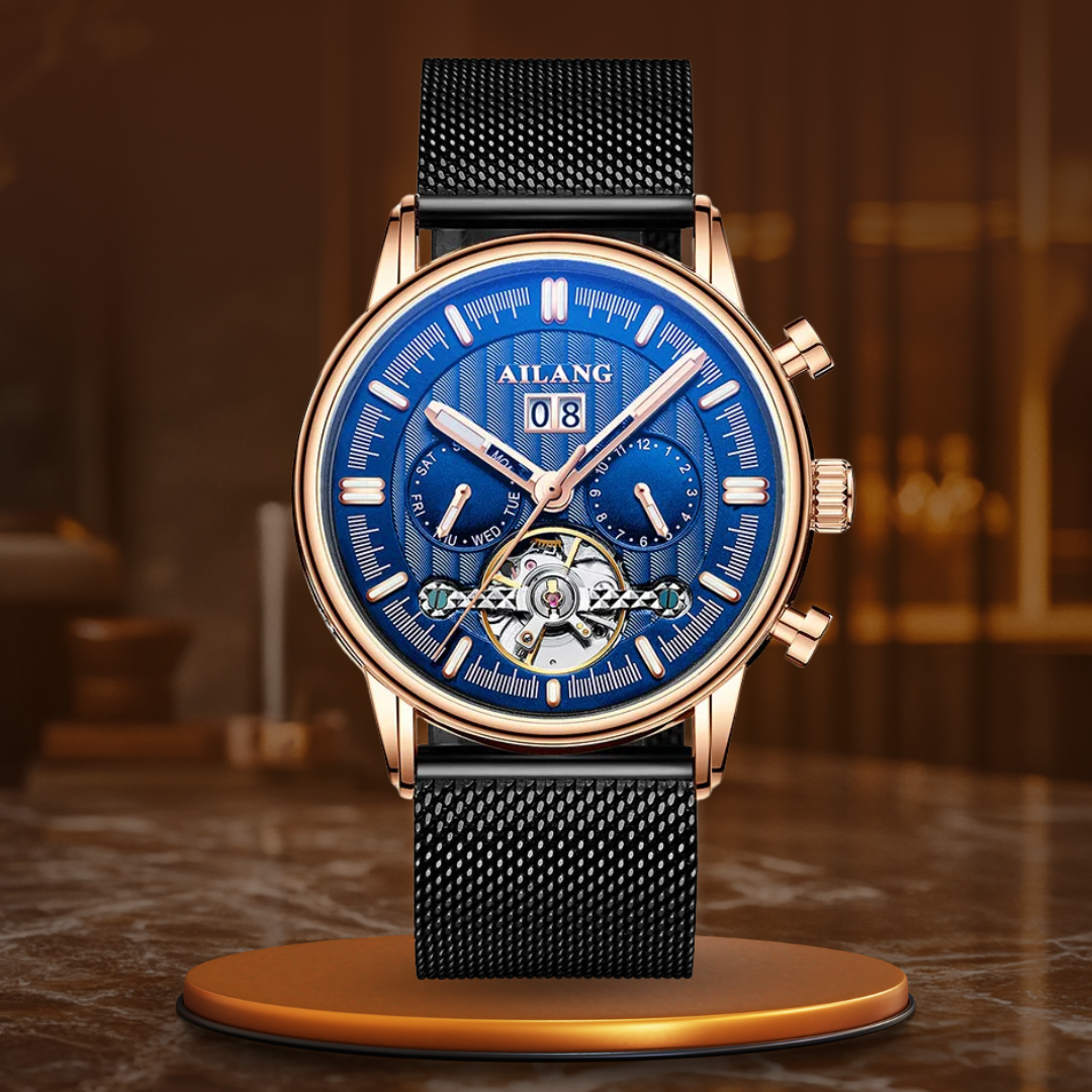 Luxury Automatic Tourbillon Watch with Brown Leather Strap – Water Resistant Timepiece with Weekly Calendar Display