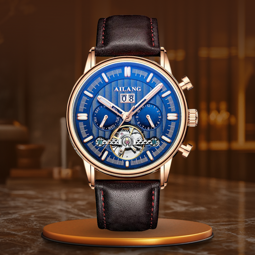 Luxury Automatic Tourbillon Watch with Brown Leather Strap – Water Resistant Timepiece with Weekly Calendar Display