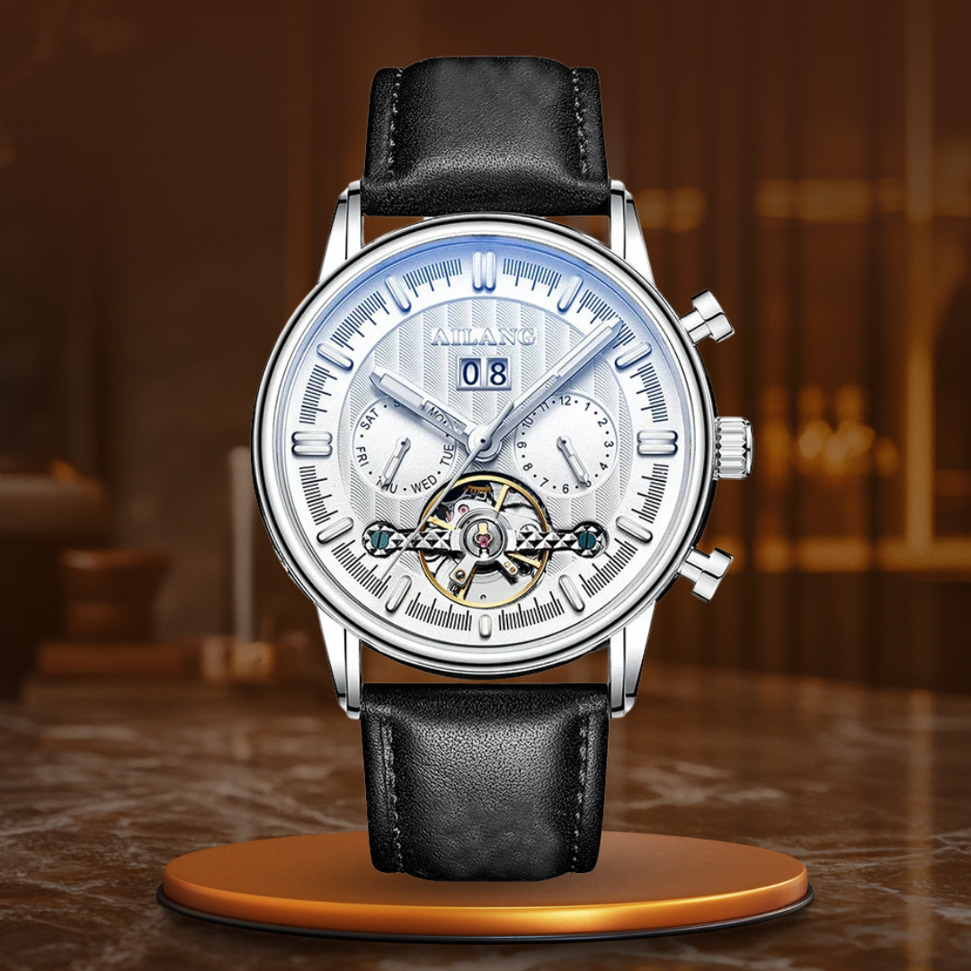 Luxury Automatic Tourbillon Watch with Brown Leather Strap – Water Resistant Timepiece with Weekly Calendar Display