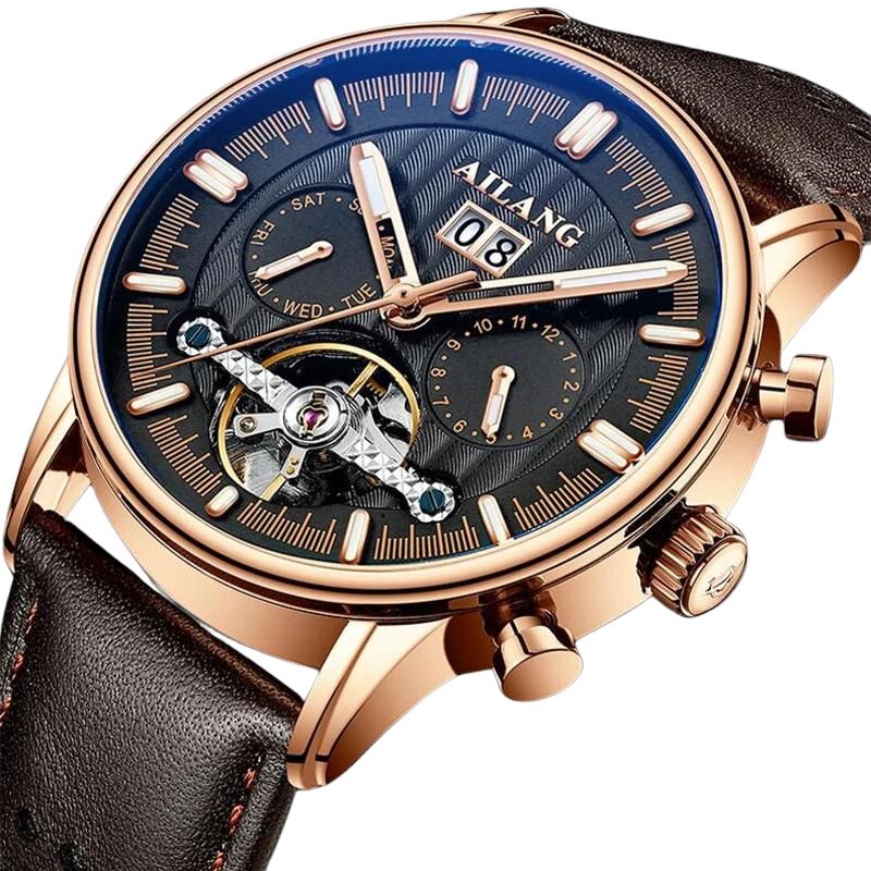 Luxury Automatic Tourbillon Watch with Brown Leather Strap – Water Resistant Timepiece with Weekly Calendar Display