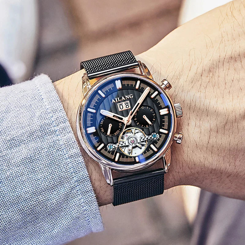 Luxury Automatic Tourbillon Watch with Brown Leather Strap – Water Resistant Timepiece with Weekly Calendar Display