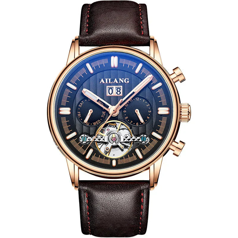 Luxury Automatic Tourbillon Watch with Brown Leather Strap – Water Resistant Timepiece with Weekly Calendar Display