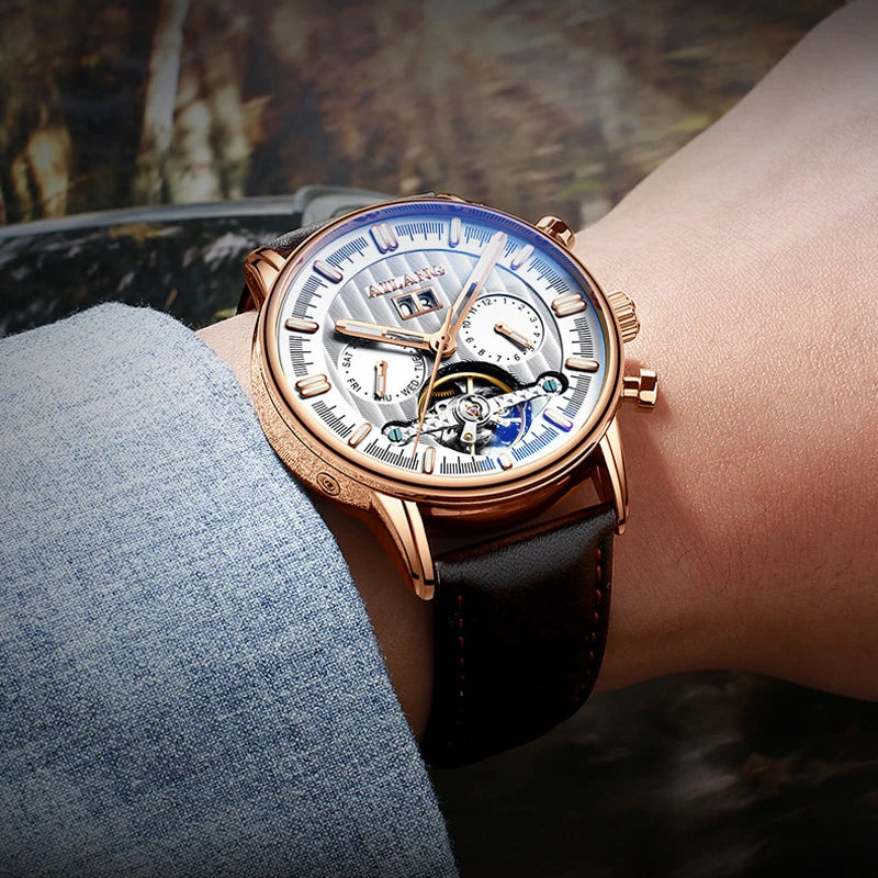 Luxury Automatic Tourbillon Watch with Brown Leather Strap – Water Resistant Timepiece with Weekly Calendar Display