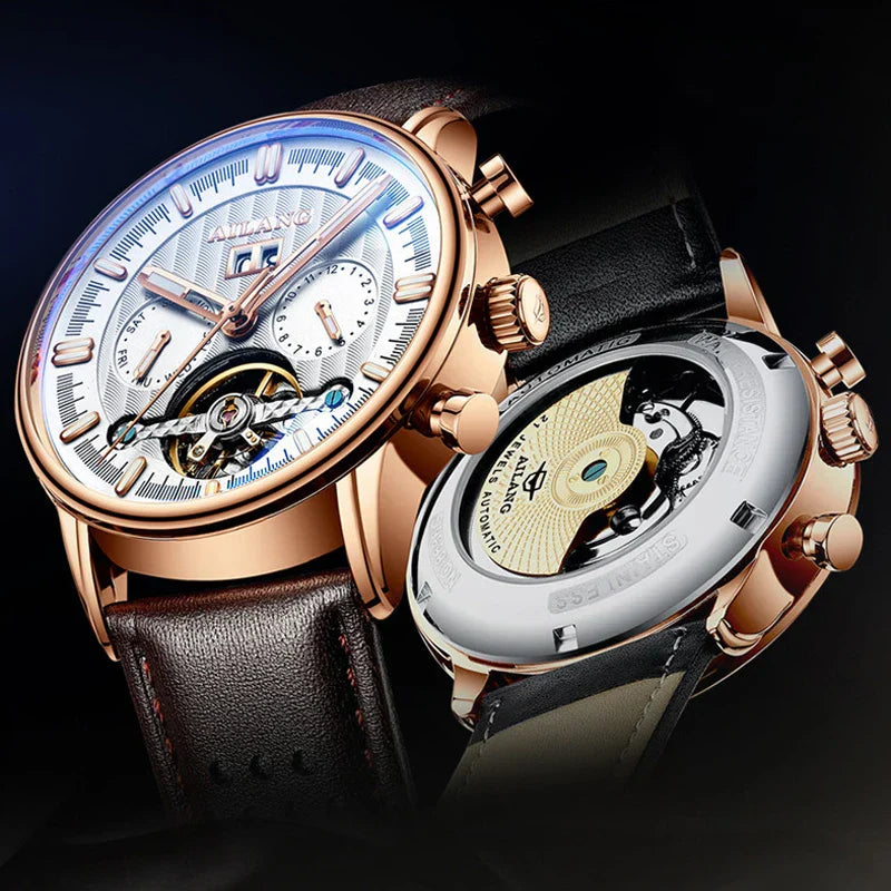 Luxury Automatic Tourbillon Watch with Brown Leather Strap – Water Resistant Timepiece with Weekly Calendar Display