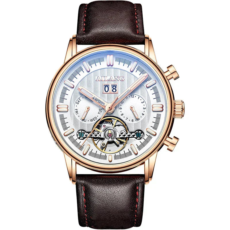 Luxury Automatic Tourbillon Watch with Brown Leather Strap – Water Resistant Timepiece with Weekly Calendar Display