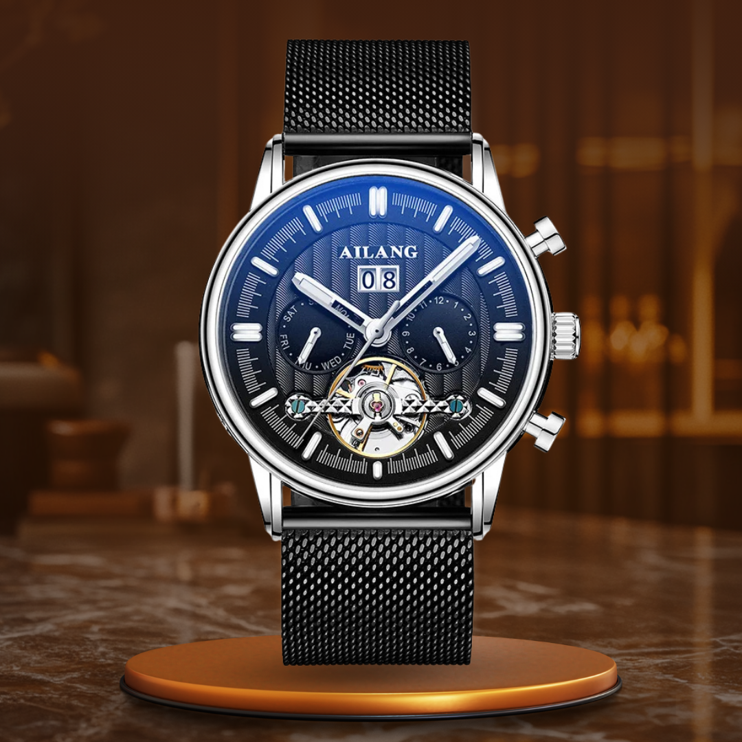 Luxury Automatic Tourbillon Watch with Brown Leather Strap – Water Resistant Timepiece with Weekly Calendar Display