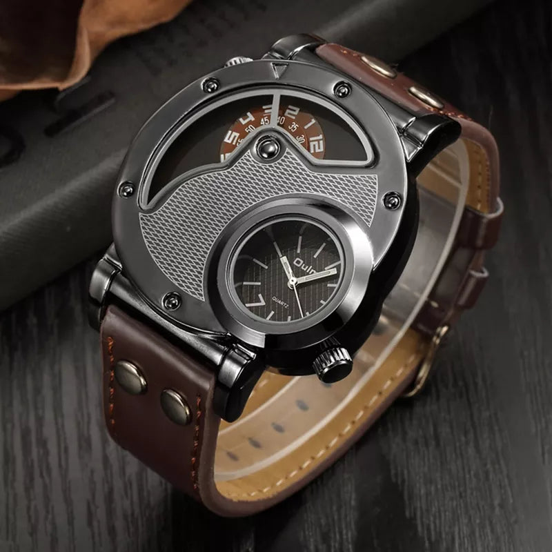 Luxury Dual Time Quartz Watch with Genuine Leather Strap – Water-Resistant and Shock-Resistant Design for Men 1