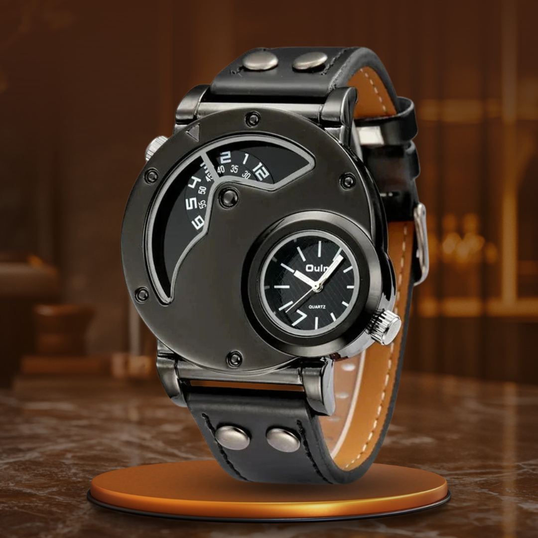 Luxury Dual Time Quartz Watch with Genuine Leather Strap – Water-Resistant and Shock-Resistant Design for Men 11