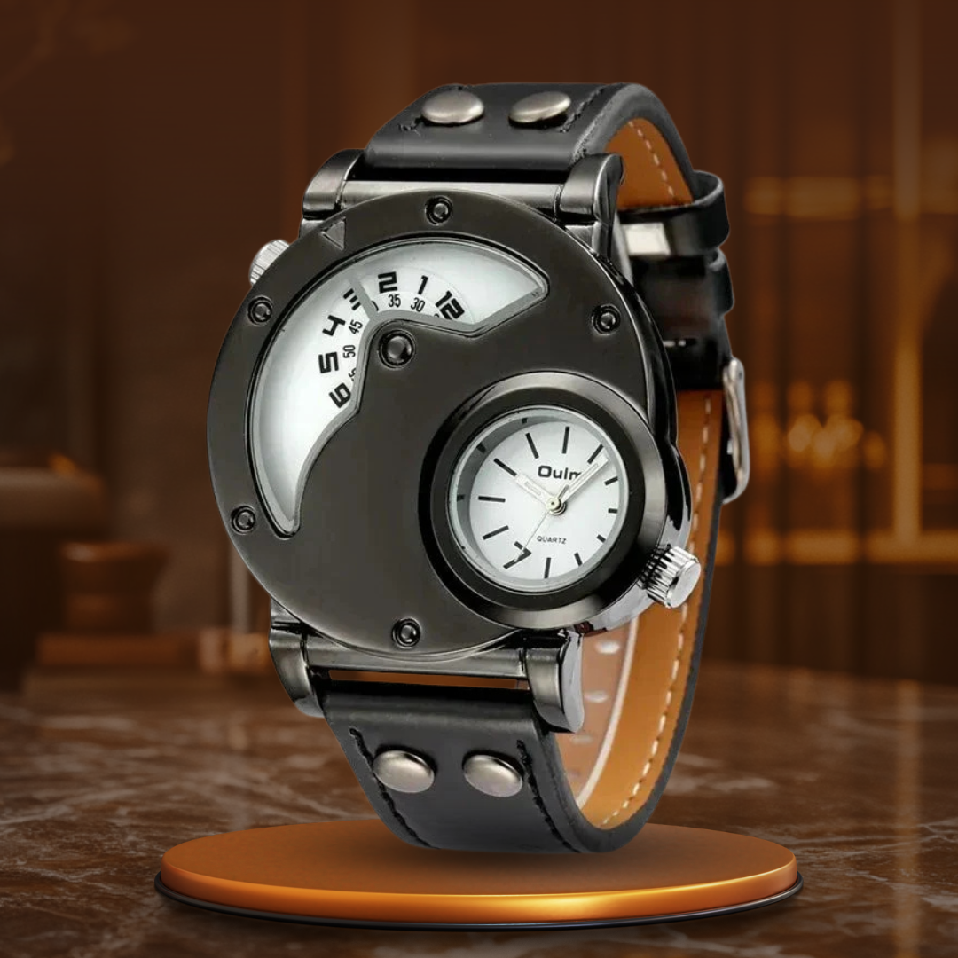 Luxury Dual Time Quartz Watch with Genuine Leather Strap – Water-Resistant and Shock-Resistant Design for Men 12