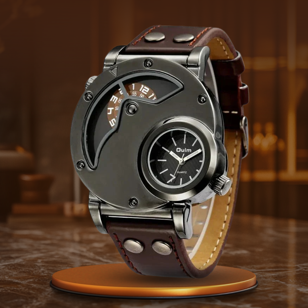 Luxury Dual Time Quartz Watch with Genuine Leather Strap – Water-Resistant and Shock-Resistant Design for Men 13