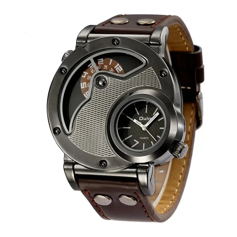 Luxury Dual Time Quartz Watch with Genuine Leather Strap – Water-Resistant and Shock-Resistant Design for Men 3