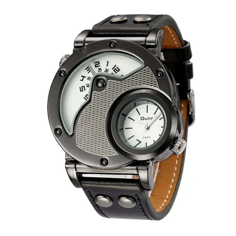 Luxury Dual Time Quartz Watch with Genuine Leather Strap – Water-Resistant and Shock-Resistant Design for Men 5