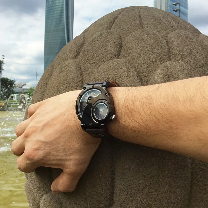 Luxury Dual Time Quartz Watch with Genuine Leather Strap – Water-Resistant and Shock-Resistant Design for Men 6