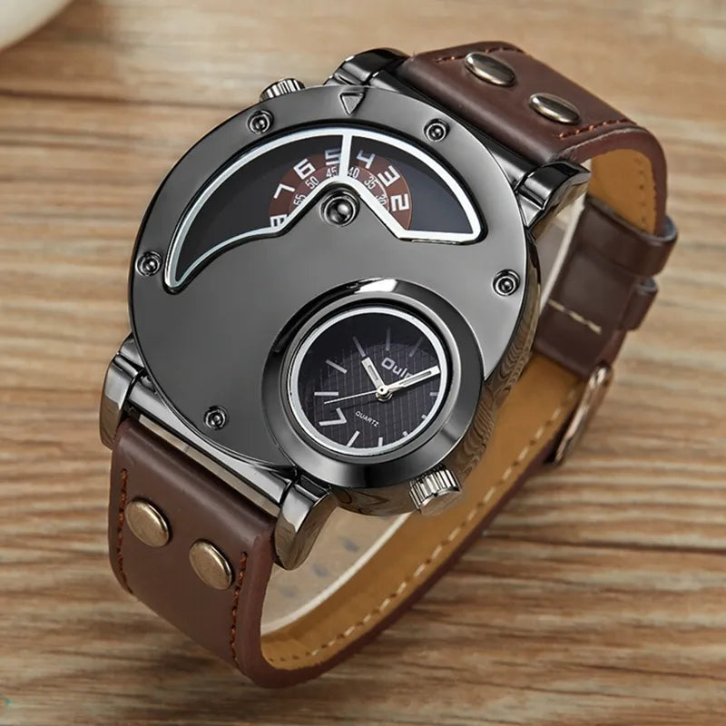 Luxury Dual Time Quartz Watch with Genuine Leather Strap – Water-Resistant and Shock-Resistant Design for Men 7