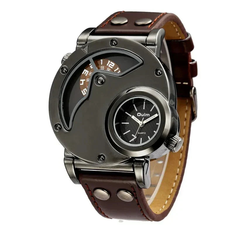 Luxury Dual Time Quartz Watch with Genuine Leather Strap – Water-Resistant and Shock-Resistant Design for Men 8