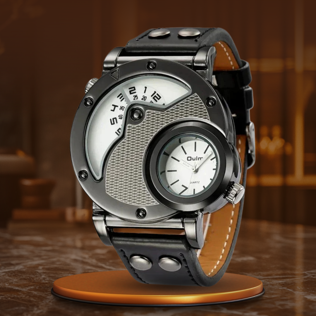 Luxury Dual Time Quartz Watch with Genuine Leather Strap – Water-Resistant and Shock-Resistant Design for Men 9