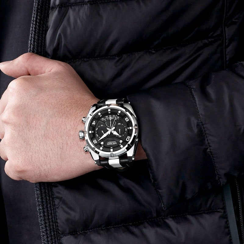 Luxury Military Chronograph Watch with Leather Strap – Quartz Movement, Water Resistant, Shock Resistant, Luminous Display 3