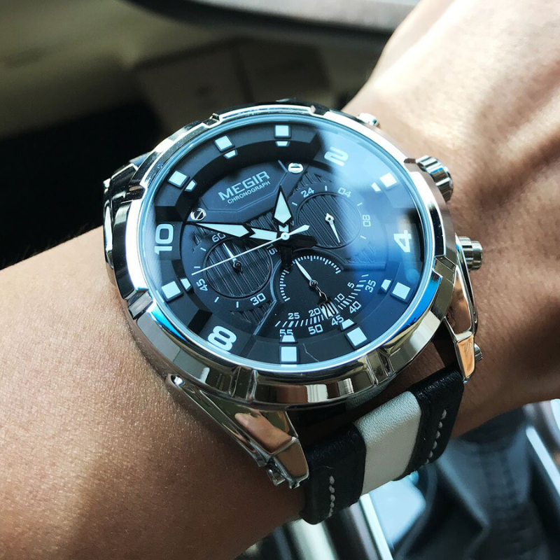 Luxury Military Chronograph Watch with Leather Strap – Quartz Movement, Water Resistant, Shock Resistant, Luminous Display 5