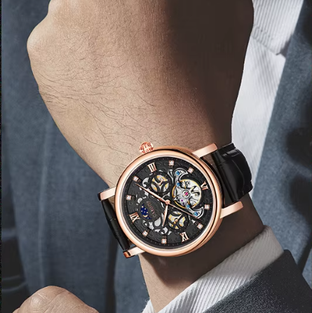 Men's Automatic Leather Watch with Luminous Dial – Elegant Mechanical Timepiece, Water Resistant, 45mm