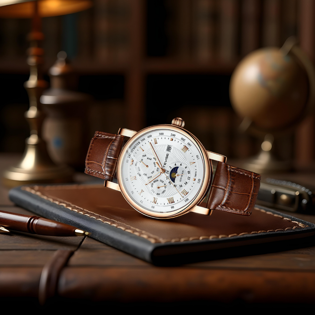 Men's Automatic Watch Black Leather Alloy 44mm
