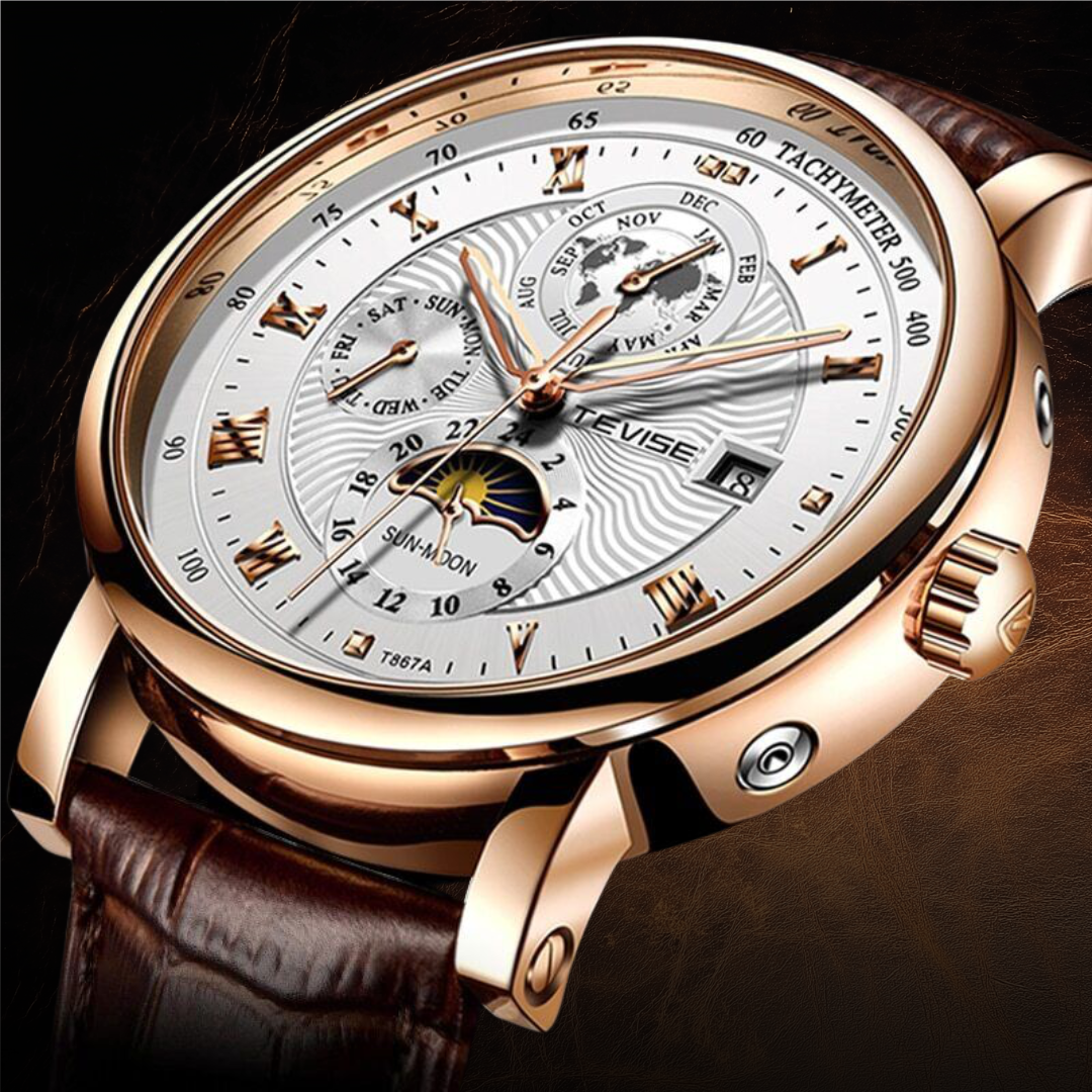 Men's Automatic Watch Black Leather Alloy 44mm
