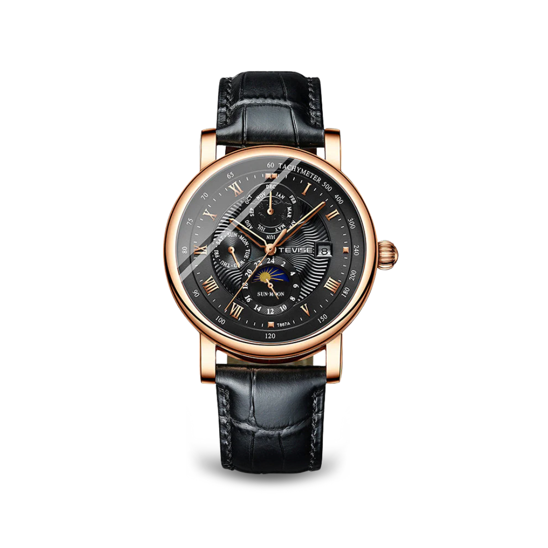 Men's Automatic Watch Black Leather Alloy 44mm
