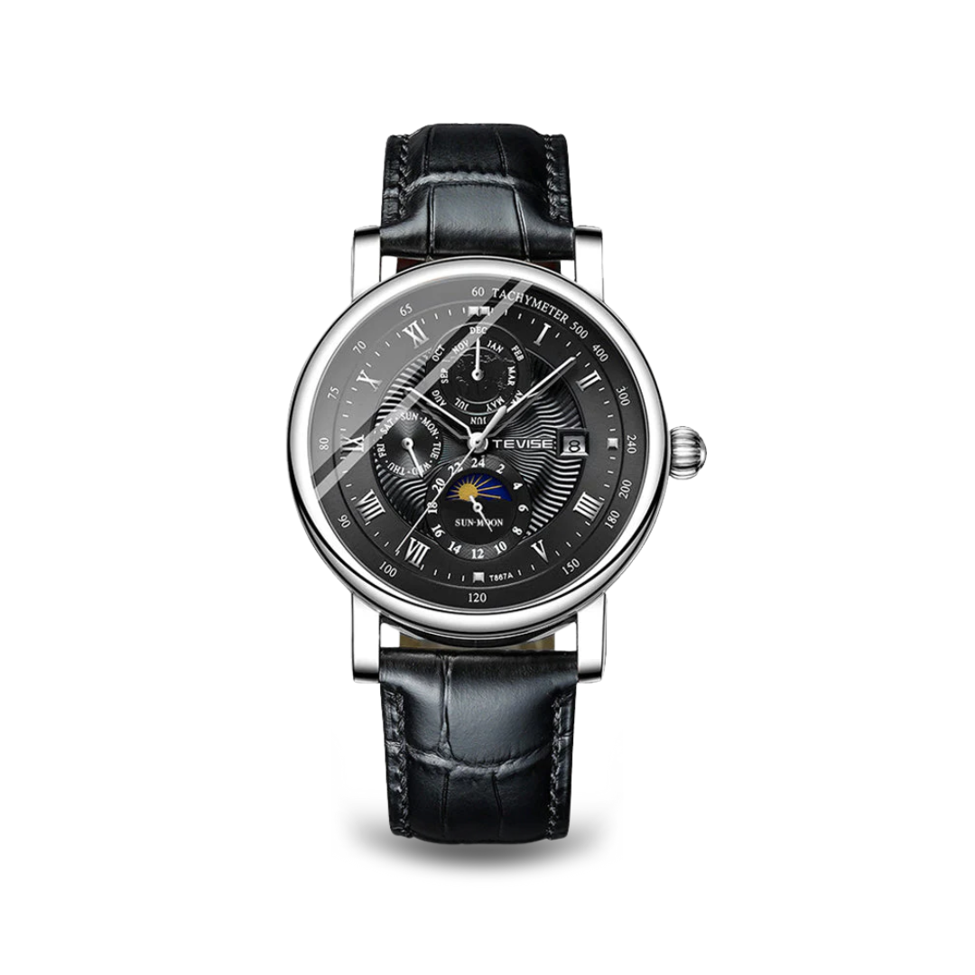 Men's Automatic Watch Black Leather Alloy 44mm