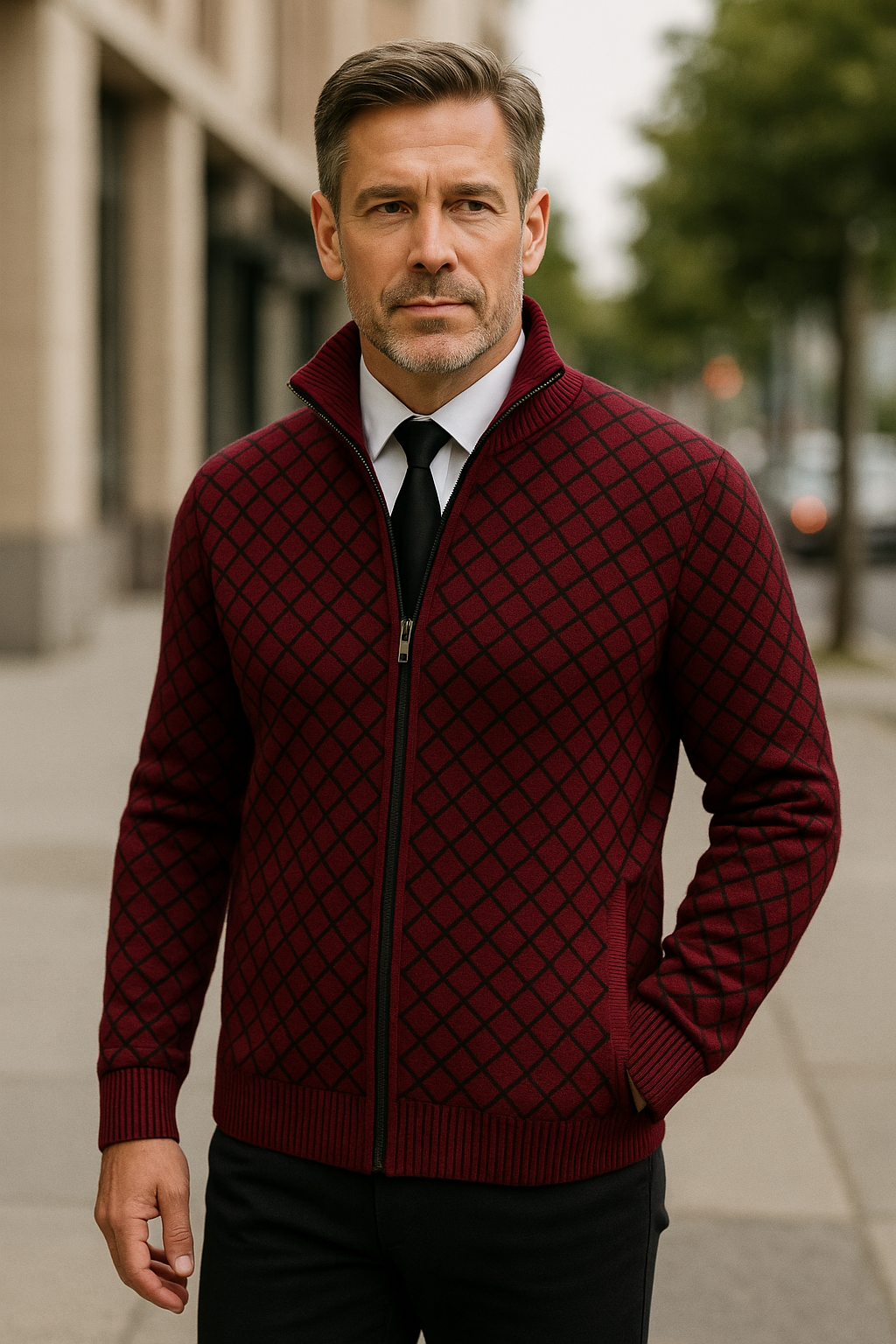 Men's Cardigan Grey Knit Subtle Check Pattern 1