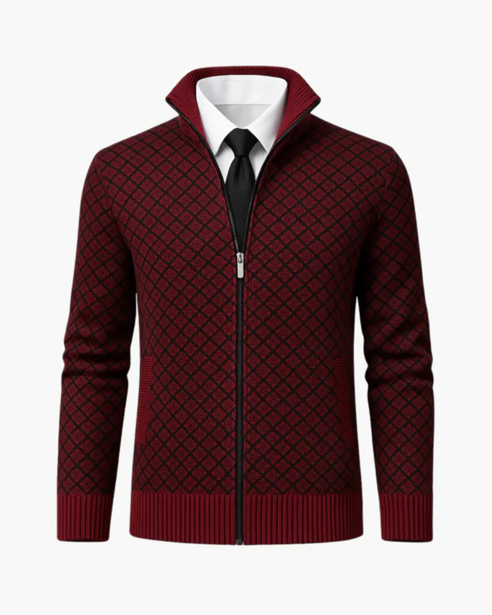 Men's Cardigan Grey Knit Subtle Check Pattern 2