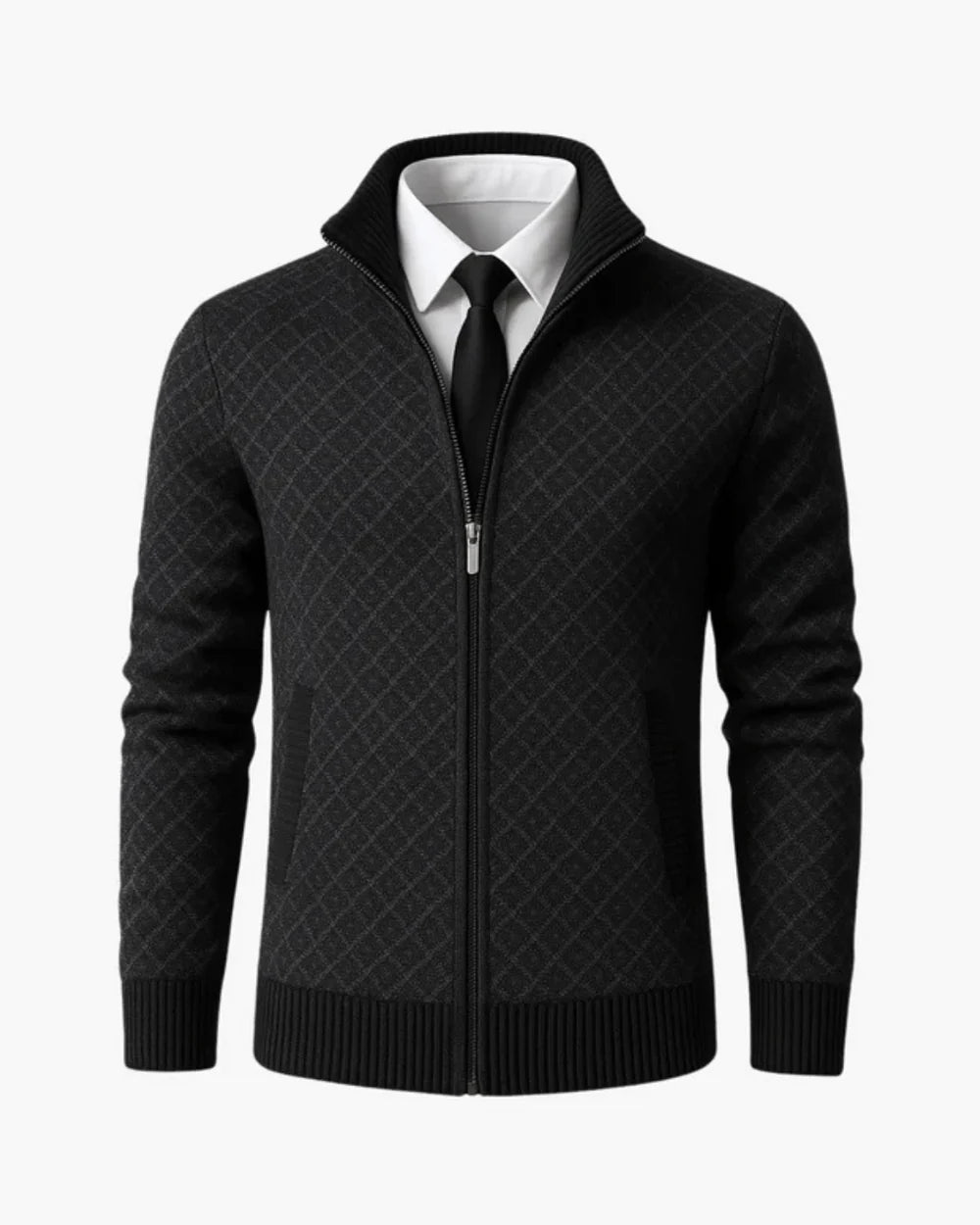 Men's Cardigan Grey Knit Subtle Check Pattern 3