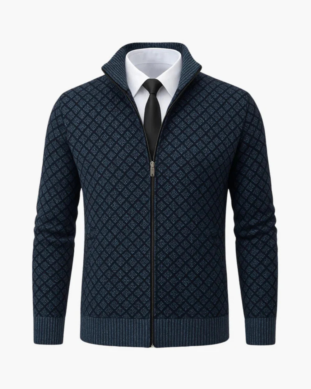 Men's Cardigan Grey Knit Subtle Check Pattern 4