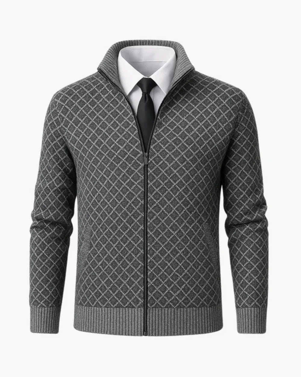 Men's Cardigan Grey Knit Subtle Check Pattern 5