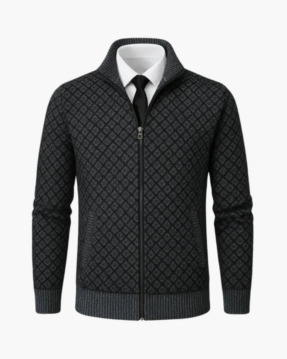 Men's Cardigan Grey Knit Subtle Check Pattern 6