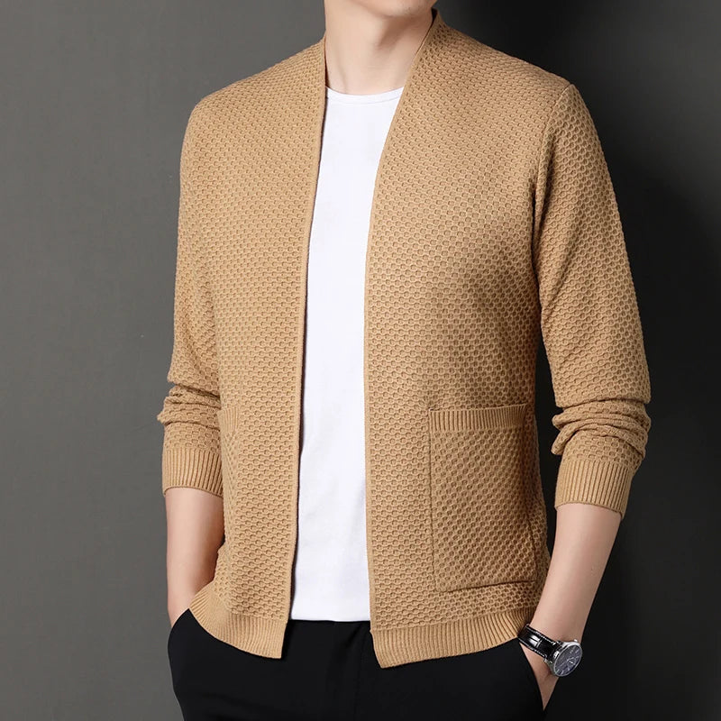 Men's Cardigan Grey Viscose Blend Hand-Knitted Waffle Texture