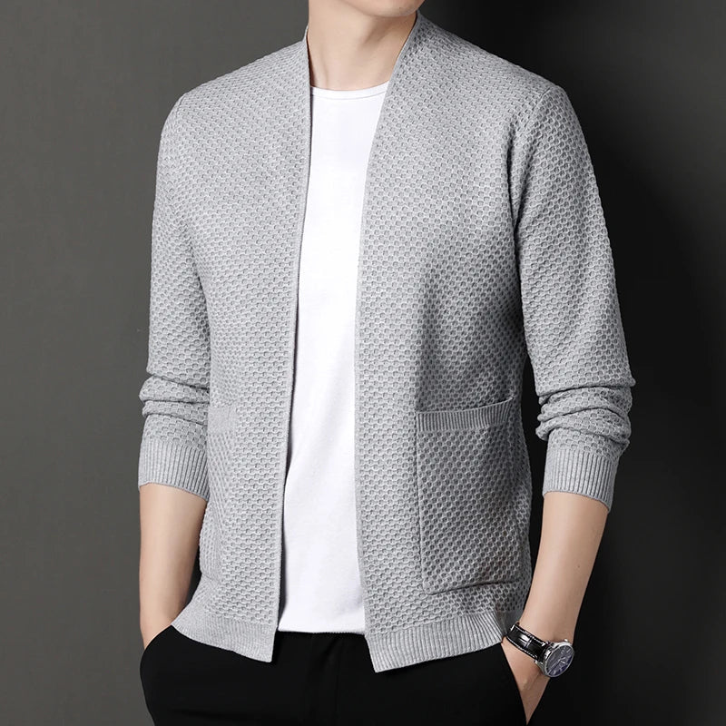 Men's Cardigan Grey Viscose Blend Hand-Knitted Waffle Texture
