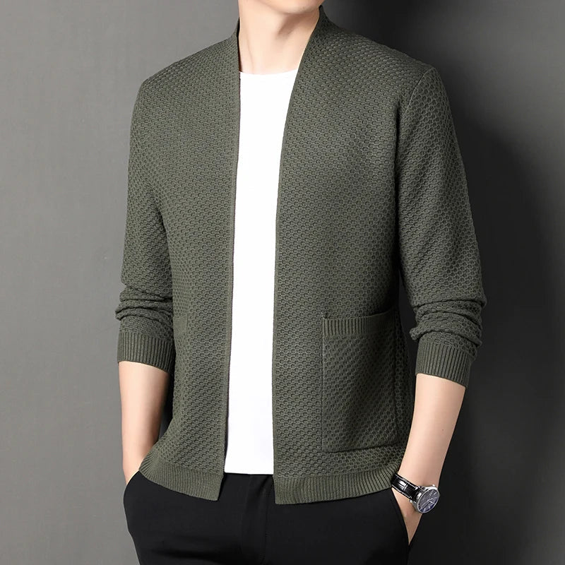 Men's Cardigan Grey Viscose Blend Hand-Knitted Waffle Texture