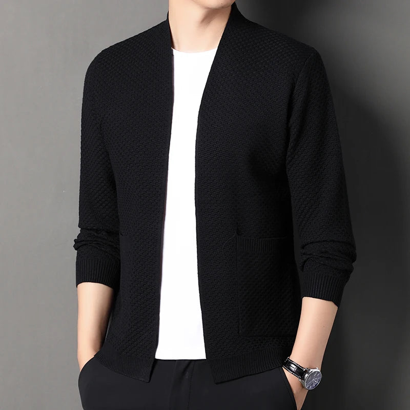 Men's Cardigan Grey Viscose Blend Hand-Knitted Waffle Texture