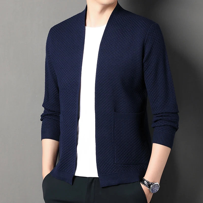 Men's Cardigan Grey Viscose Blend Hand-Knitted Waffle Texture