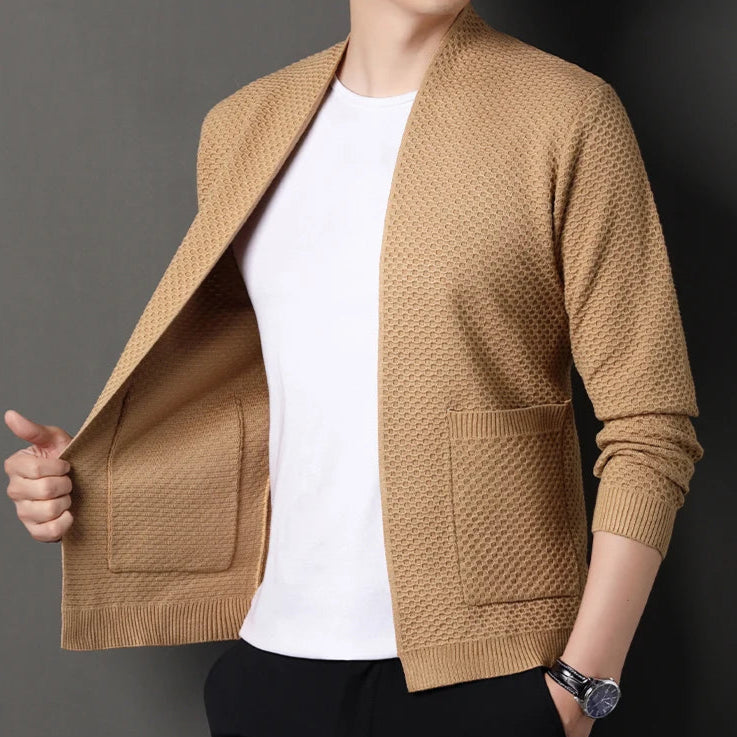 Men's Cardigan Grey Viscose Blend Hand-Knitted Waffle Texture