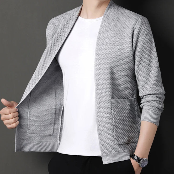 Men's Cardigan Grey Viscose Blend Hand-Knitted Waffle Texture