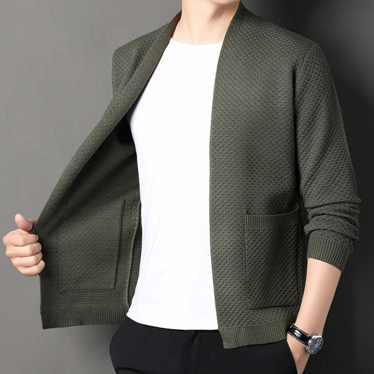 Men's Cardigan Grey Viscose Blend Hand-Knitted Waffle Texture