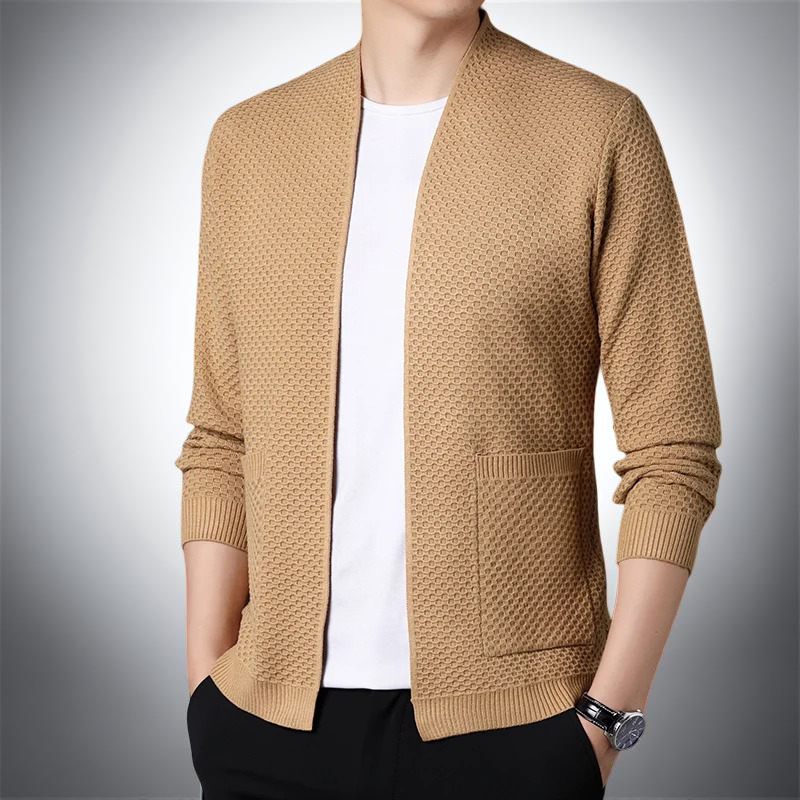 Men's Cardigan Grey Viscose Blend Hand-Knitted Waffle Texture
