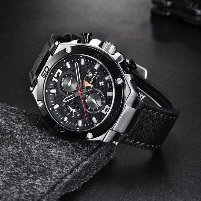 Men's Chronograph Watch Black Stainless Steel 45mm