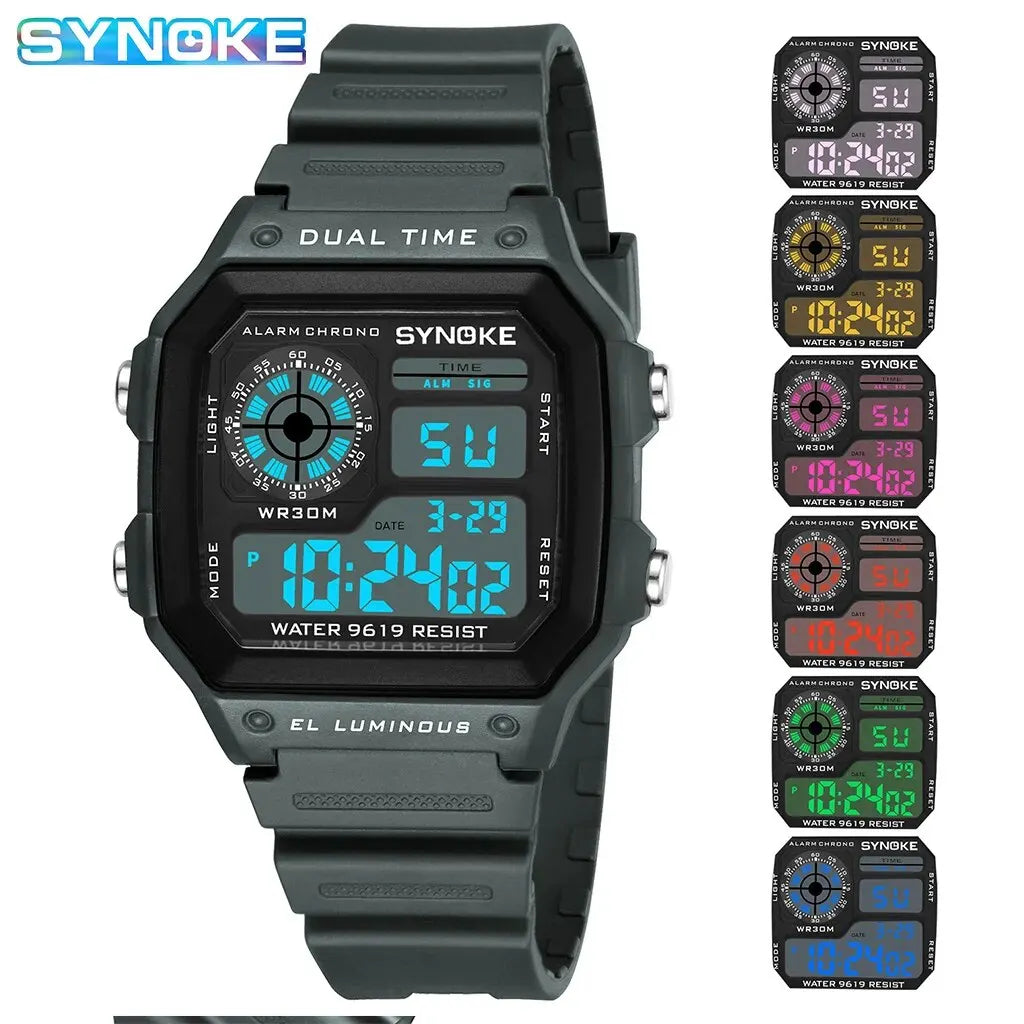 Men's Digital Sports Watch Black Rubber Waterproof Multifunctional