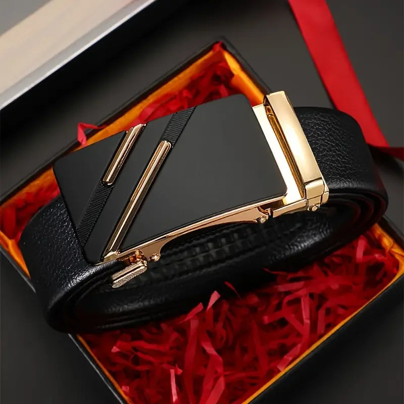 Men's Leather Belt Black Genuine Leather Automatic Buckle