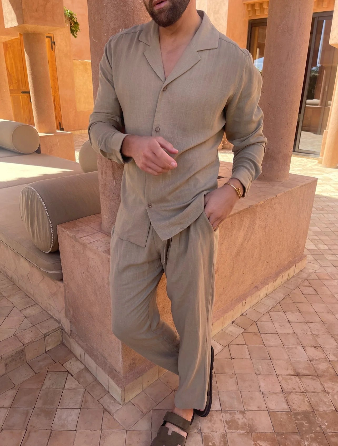 Men's Linen Set Beige Lightweight Linen