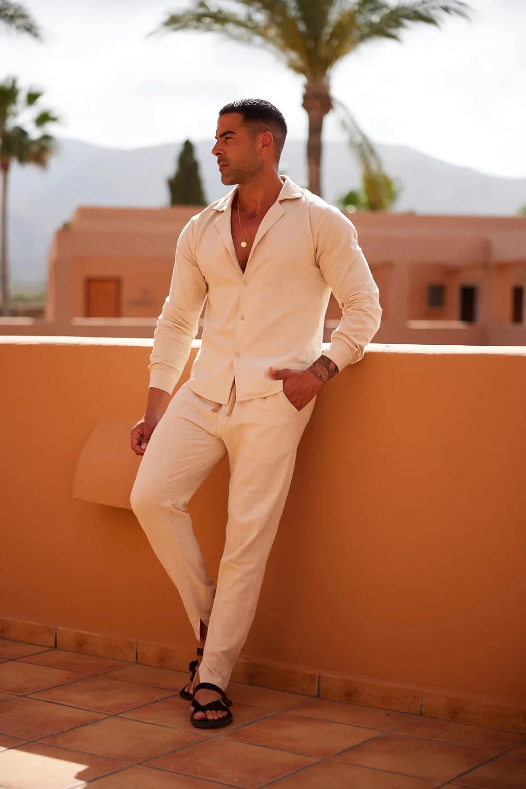 Men's Linen Set Beige Lightweight Linen