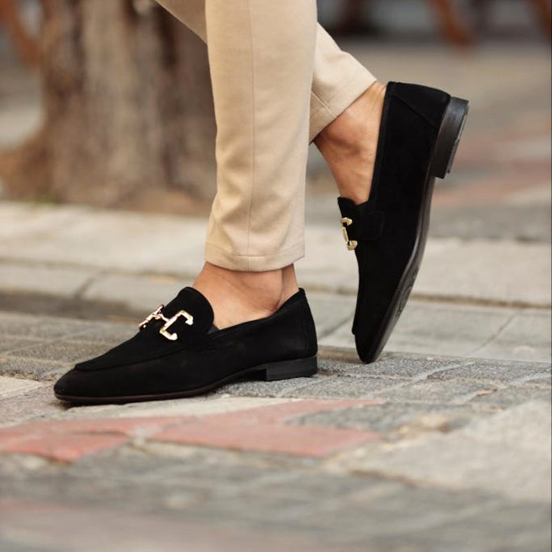 Men's Loafers Black Leather Horsebit Detail Almond Toe