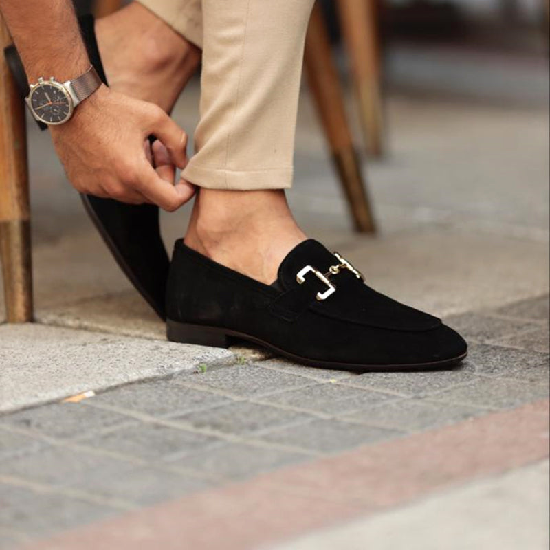 Men's Loafers Black Leather Horsebit Detail Almond Toe